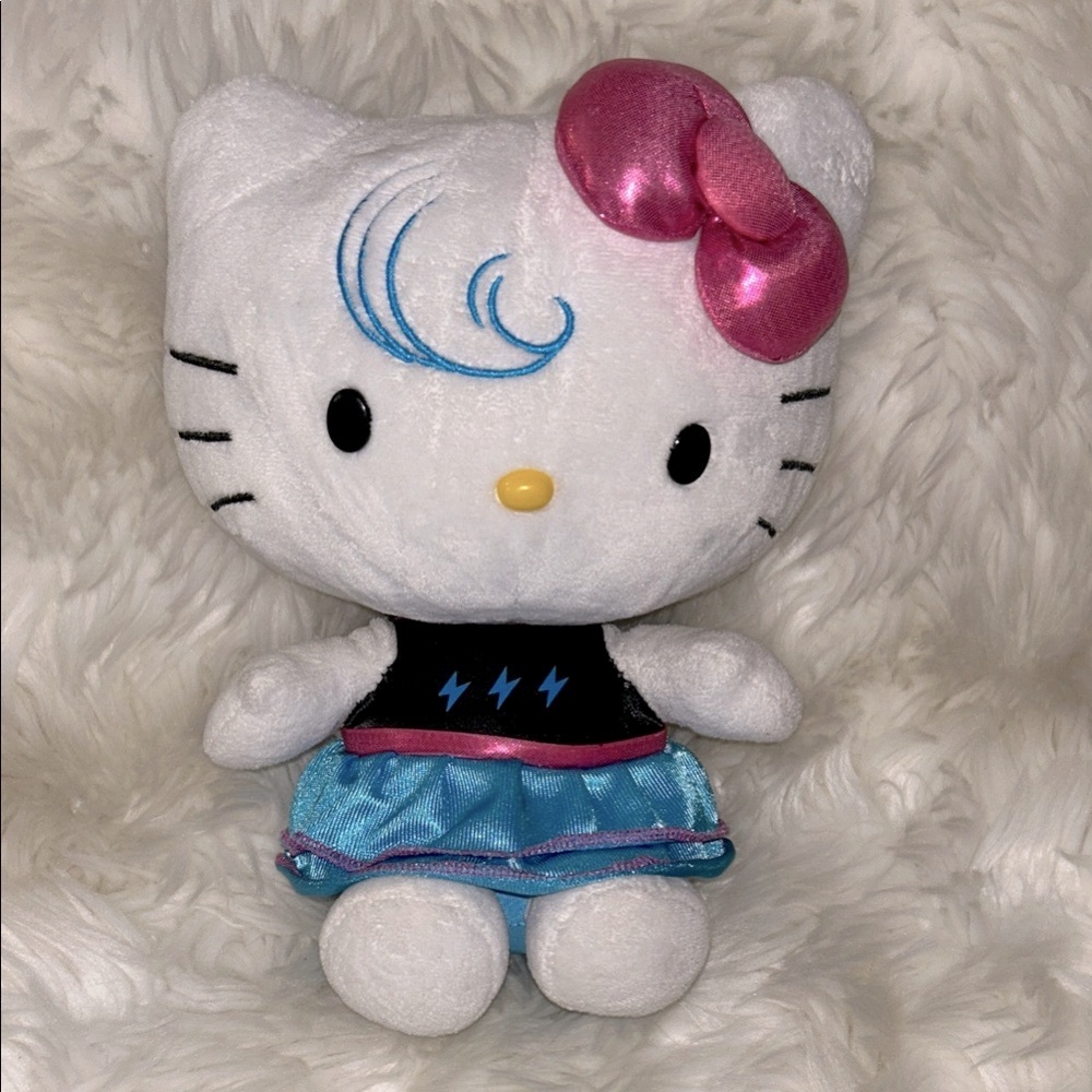 Unique HELLO KITTY Plush Stuffed Animal with Pink Bow, Blue Skirt and Hair